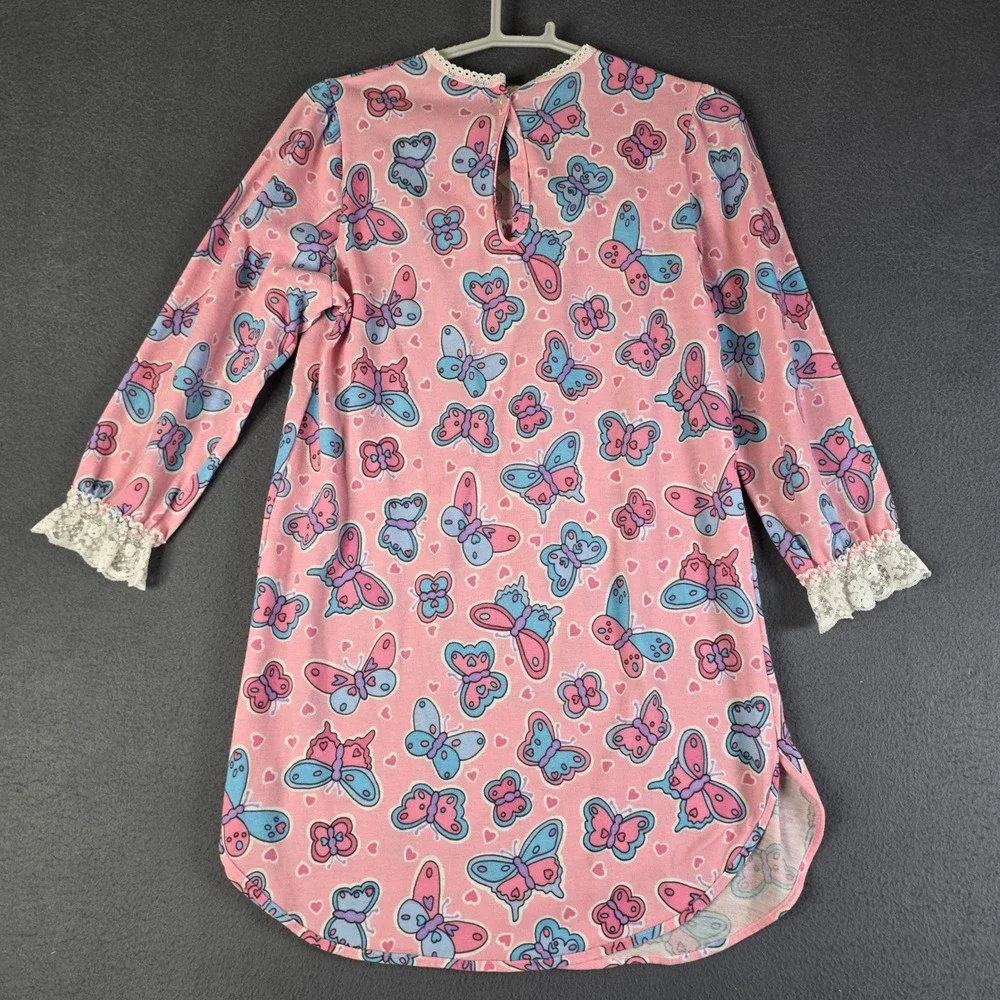 Sleeping Beauty Nightgown Kids Size 10 Pink Butterfly Lace Trim Heart Print